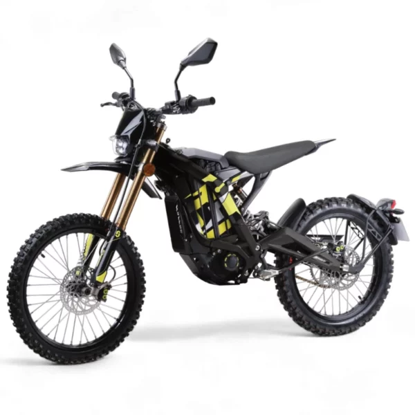 The Sur-Ron Light Bee L1e 2025 in black. The neon green decor is striking.