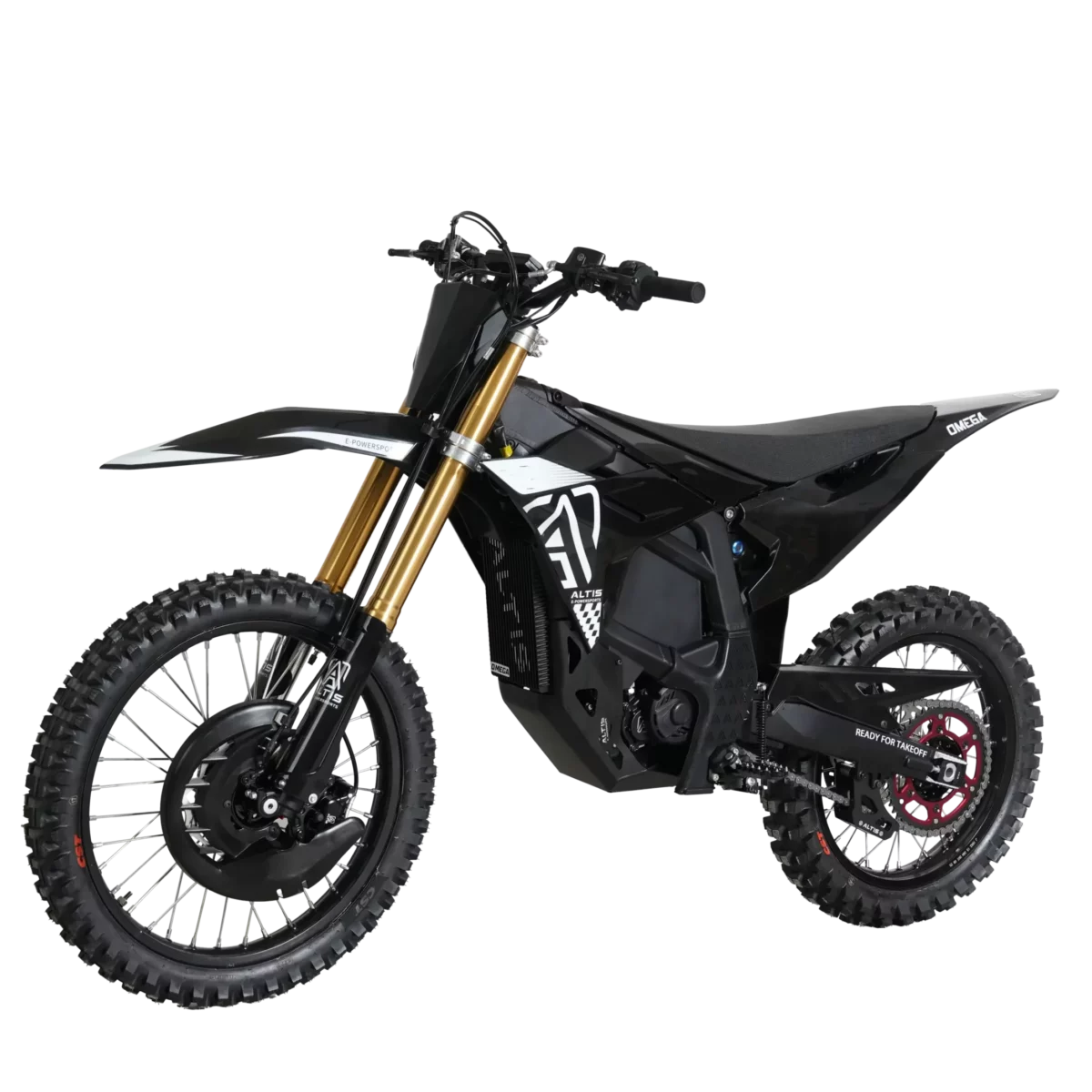 Altis Omega Elektro-Dirtbike in Schwarz – Frontansicht von links