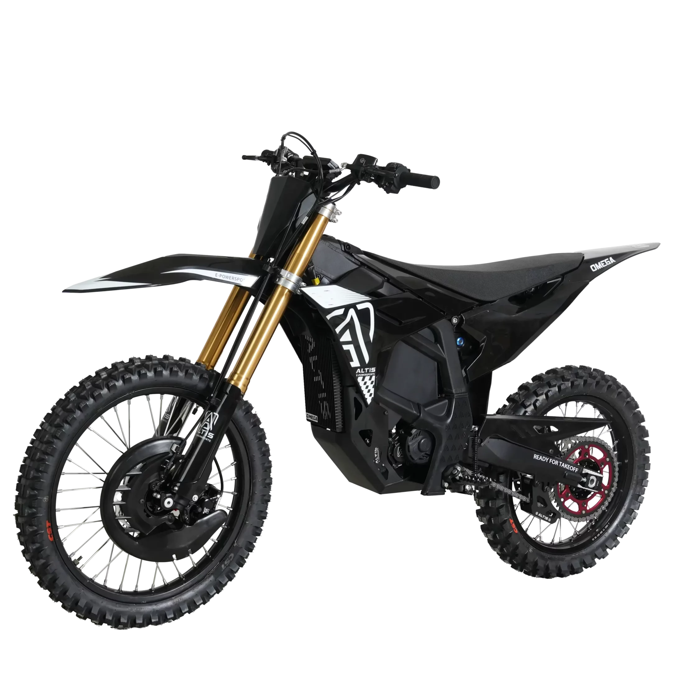 Altis Omega Elektro-Dirtbike in Schwarz – Frontansicht von links
