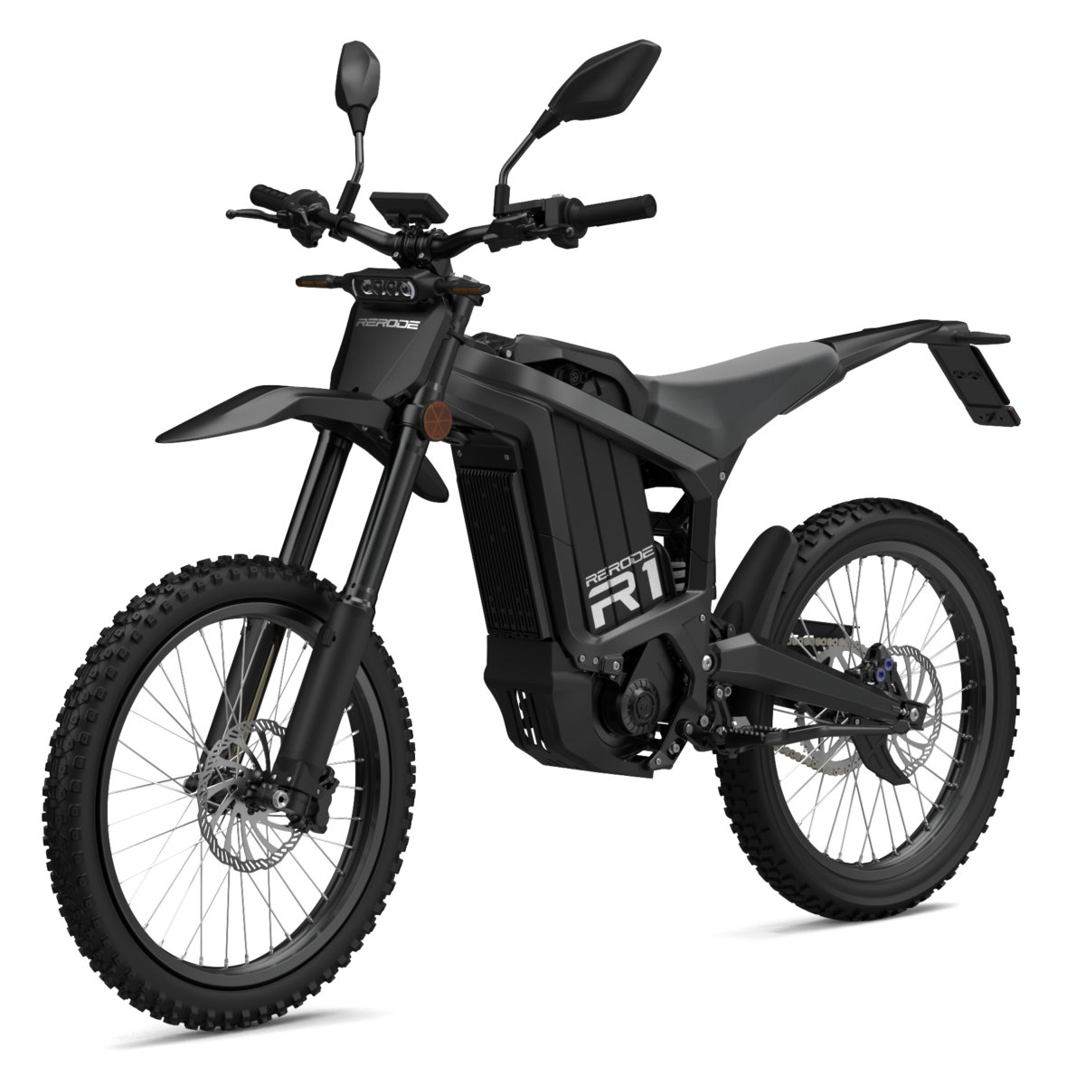 Studioaufnahme des RE RODE R1 Elektro-Enduro-Motorrads im exakten Seitenprofil. Das gesamte Bike, inklusive Rahmen, Verkleidung, Gabel und Rädern, ist in mattem Schwarz gehalten. Gut sichtbar sind die Stollenreifen, der zentrale Stoßdämpfer und der Kettenantrieb vor einem tiefschwarzen Hintergrund.