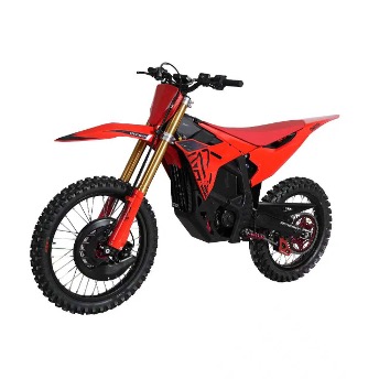 Altis Omega E-Motocross in red, three-quarter view from the front left showing the radiator and electric motor